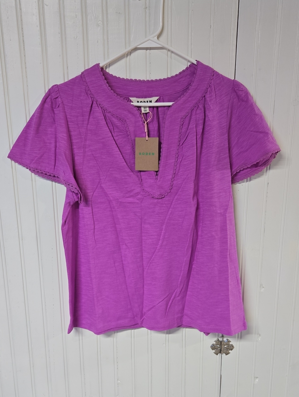 Boden Women's Purple Crochet-Trim Short Sleeve Top
